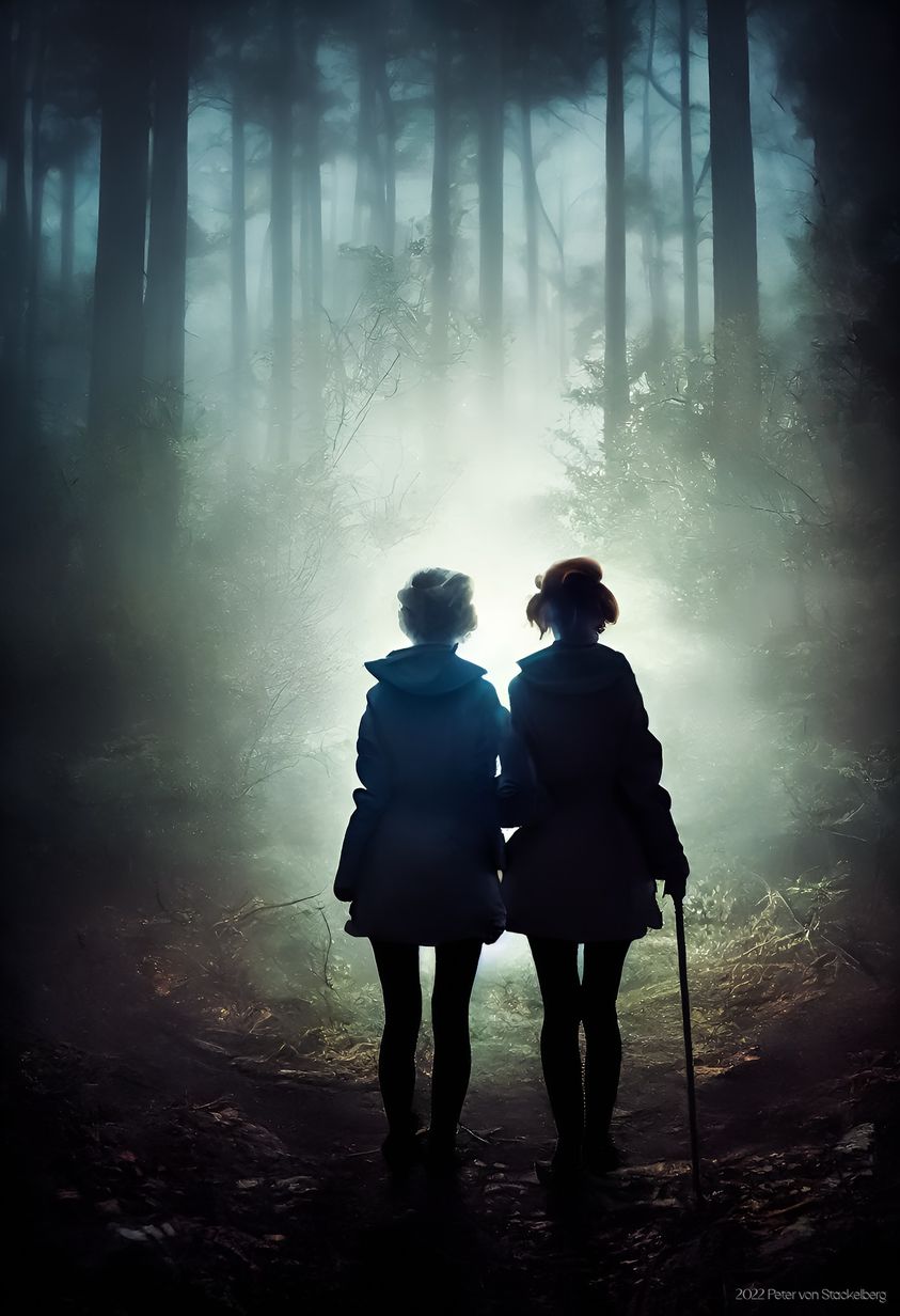 Two young girls silhouetted by at a mysterious light in a foggy forest