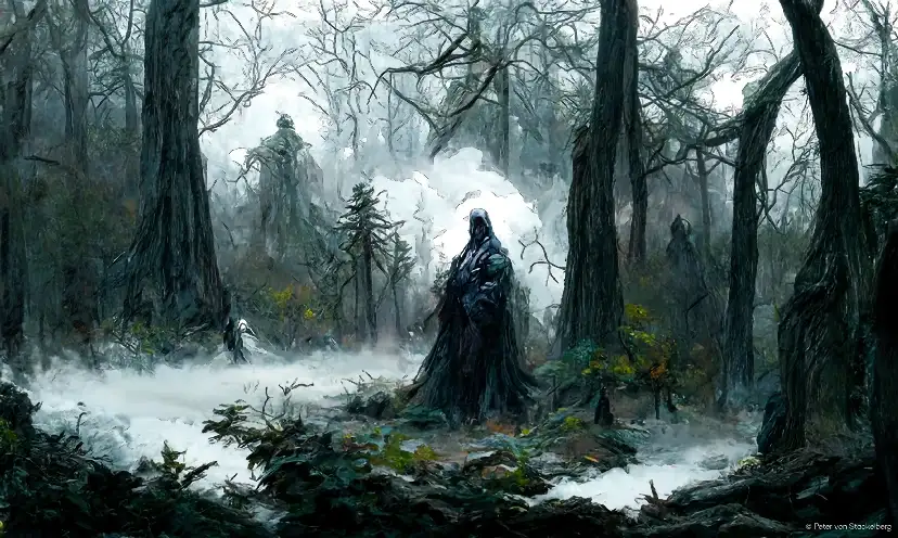 Stylized digital painting of a foggy forest with a figure in a black hood and cloak