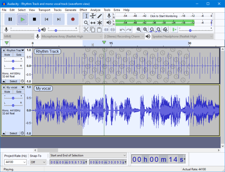 Screenshot of Audacity recording and editing software